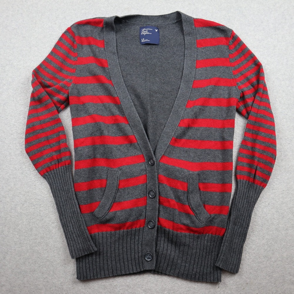 American Eagle Cardigan Womens Large Striped Gray Red Cotton Wool V-Neck Pockets
